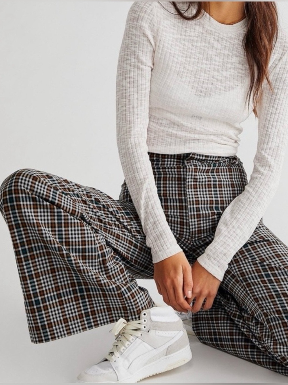 Free  People Plaid Jules Wide Leg Pants - Teal/Brown 10 - Picture 2 of 13